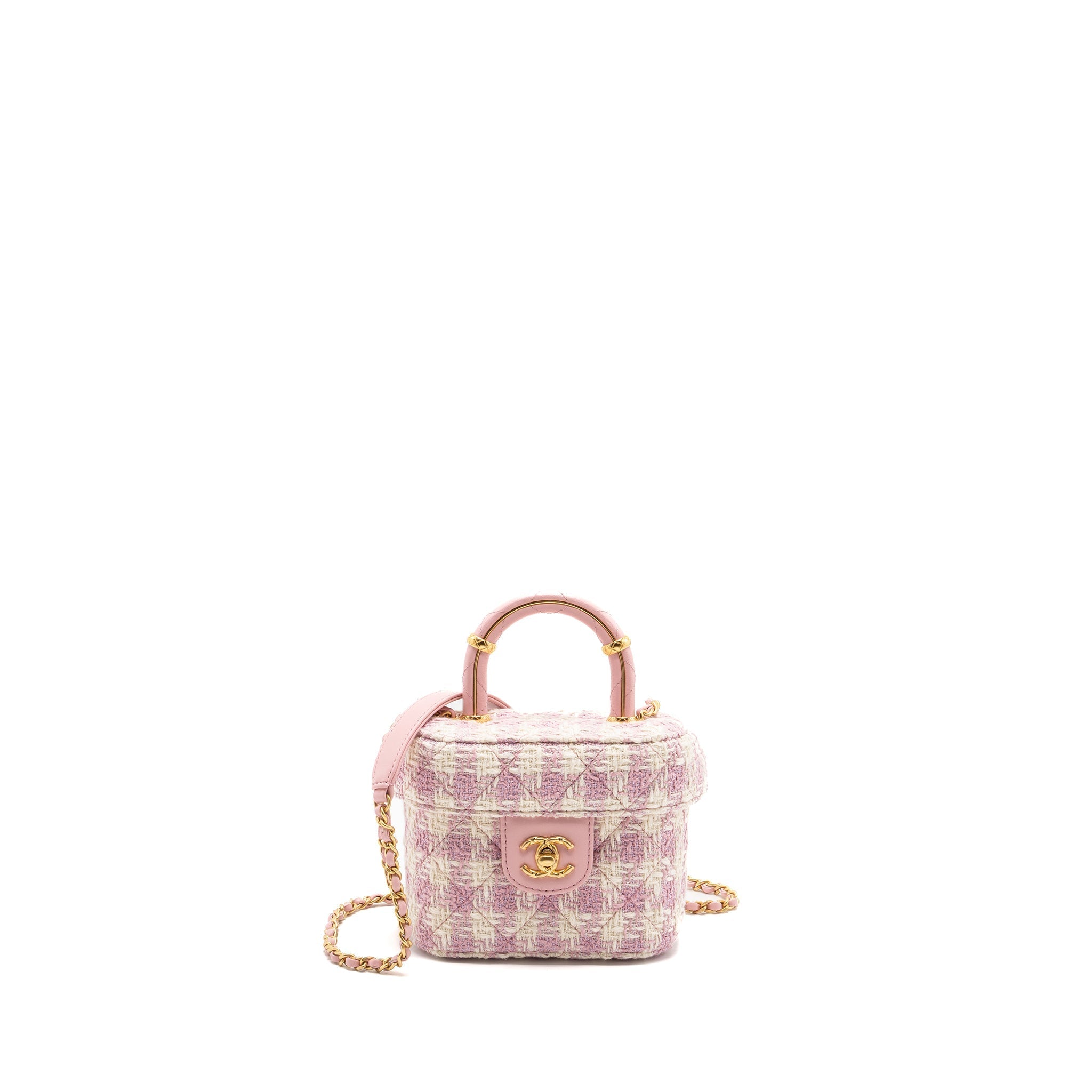 CHANEL 23S TOP HANDLE SMALL VANITY CASE WITH CHAIN TWEED/LAMBSKIN PINK BRUSHED GHW(MICROCHIP)