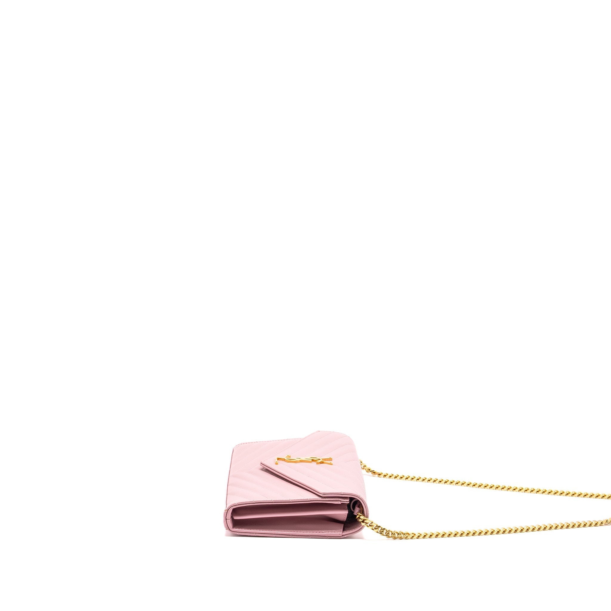 SAINT LAURENT / YSL CASSANDRE MATELASSE WALLET ON CHAIN GRAINED CALFSKIN PINK GHW