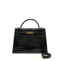 HERMES KELLY 32 SHINY CROCODILE POROSUS BLACK GHW