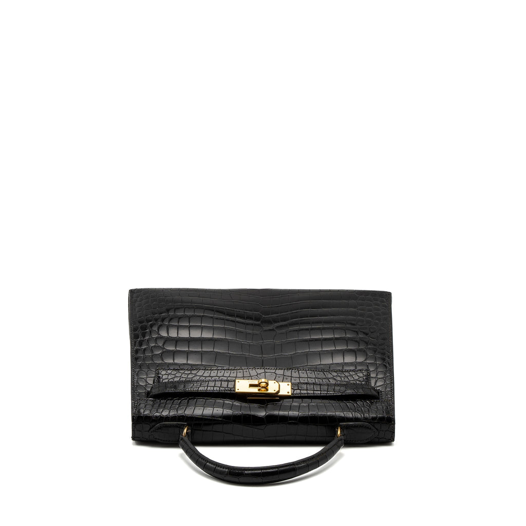 HERMES KELLY 32 SHINY CROCODILE POROSUS BLACK GHW