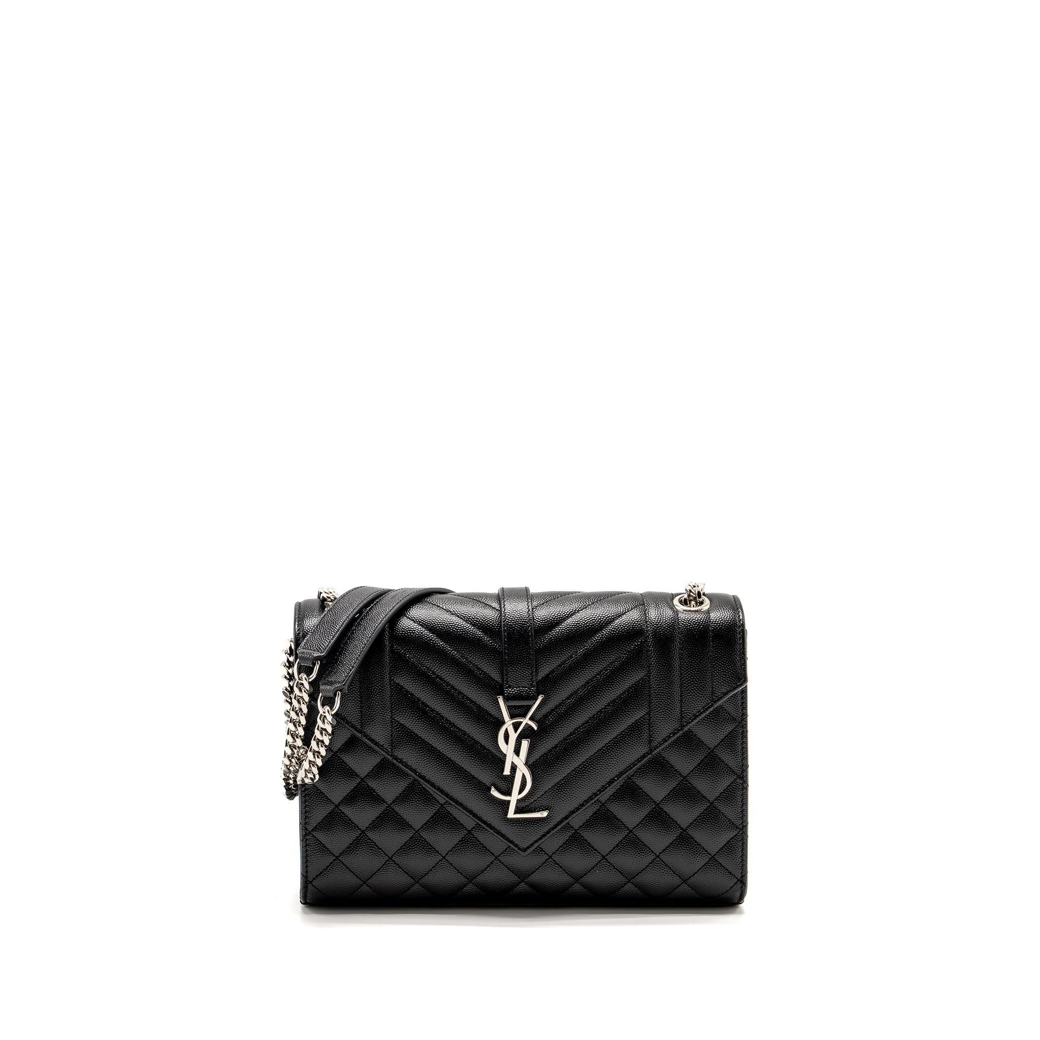 SAINT LAURENT/YSL MEDIUM ENVELOPE CHAIN BAG GRAINED CALFSKIN MIX MATELASSE BLACK SHW