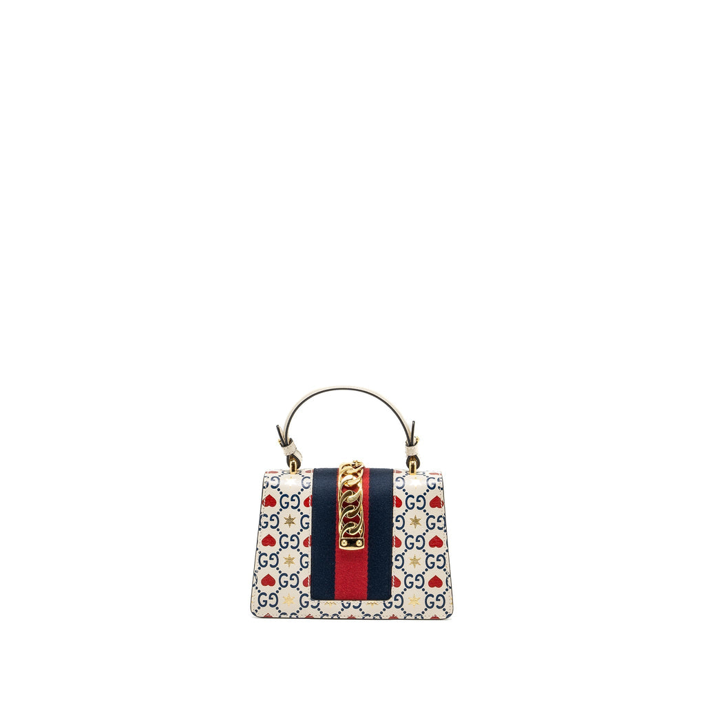 GUCCI MINI TOP HANDLE SYLVIE TOTE BAG WITH HEART PRINT LIMITED WHITE MULTICOLOR GHW