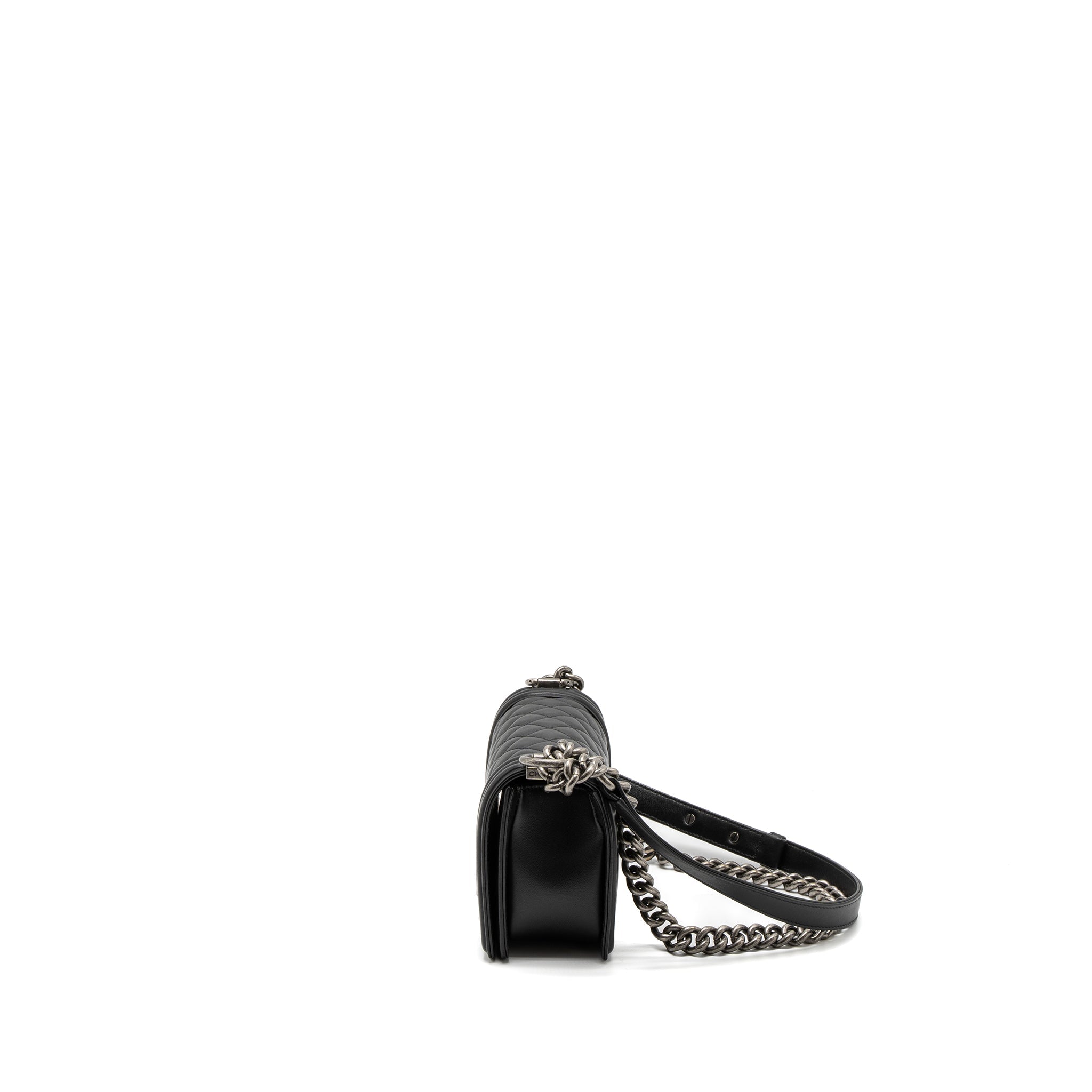 CHANEL SMALL BOY BAG CALFSKIN BLACK RUTHENIUM SILVER HARDWARE