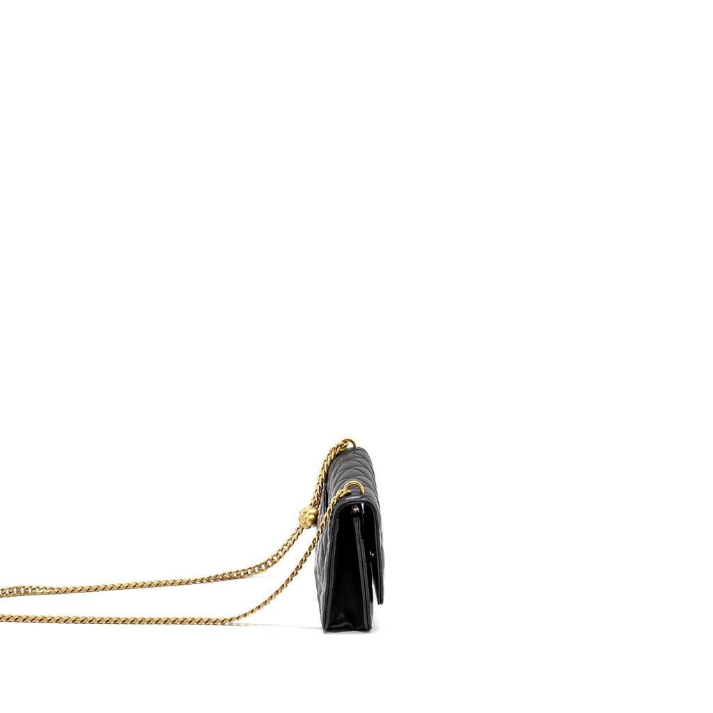 CHANEL CLASSIC WALLET ON CHAIN WITH CAMELLIA ADJUSTABLE CHAIN LAMBSKIN BLACK GHW (MICROCHIP)