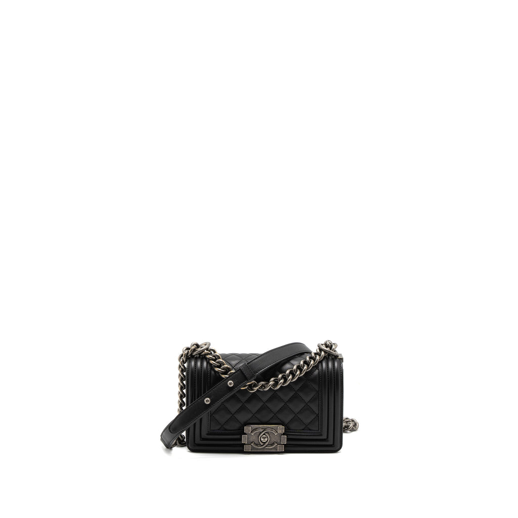 CHANEL SMALL BOY BAG CALFSKIN BLACK RUTHENIUM SILVER HARDWARE