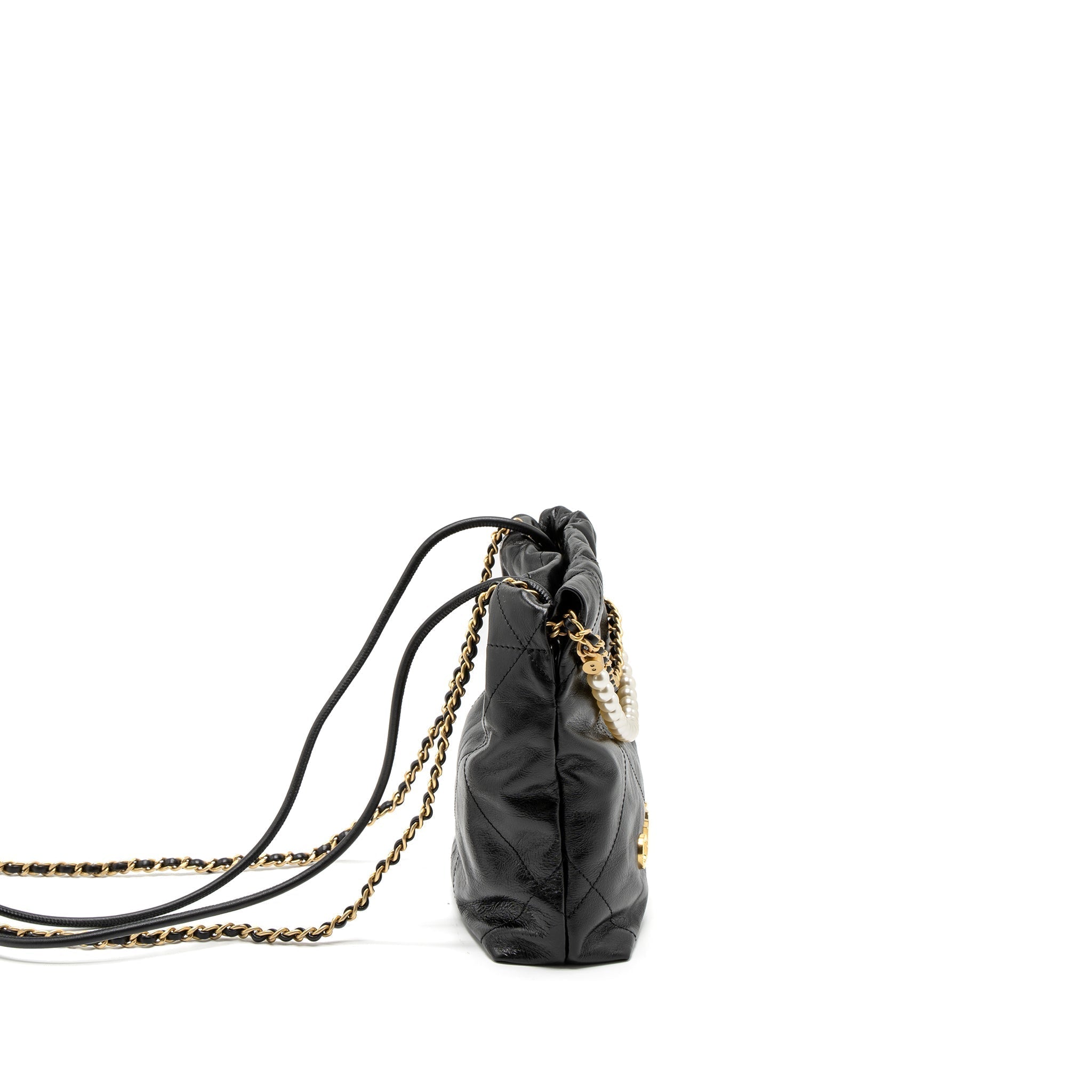 CHANEL 23S MINI 22 BAG WITH PEARL SHINY CALFSKIN BLACK BRUSHED GHW (MICROCHIP)
