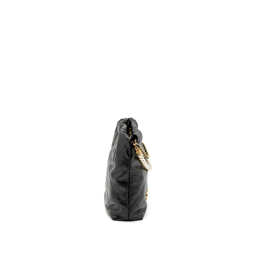 CHANEL 23S MINI 22 BAG WITH PEARL SHINY CALFSKIN BLACK BRUSHED GHW (MICROCHIP)