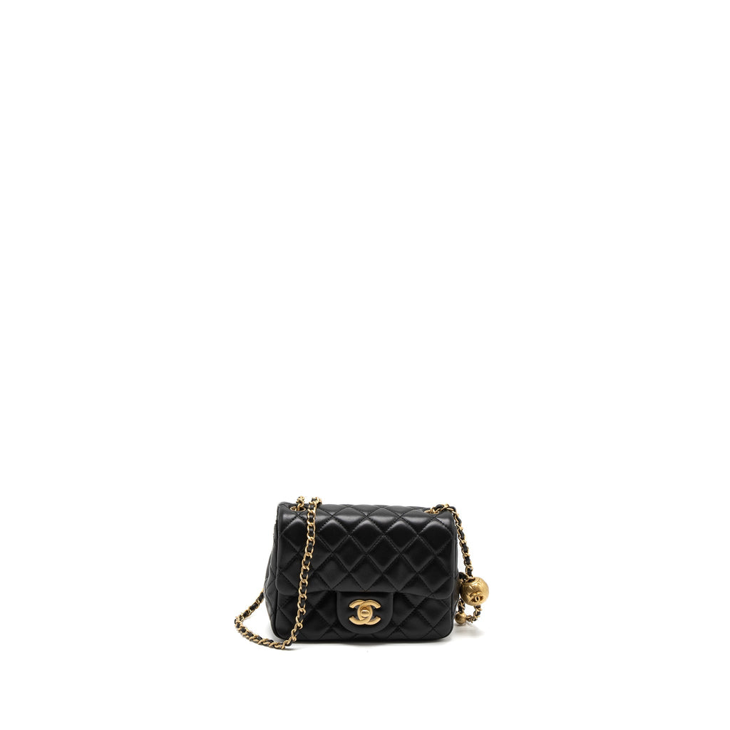 CHANEL PEARL CRUSH MINI SQUARE FLAP BAG LAMBSKIN BLACK BRUSHED GHW (MICROCHIP)