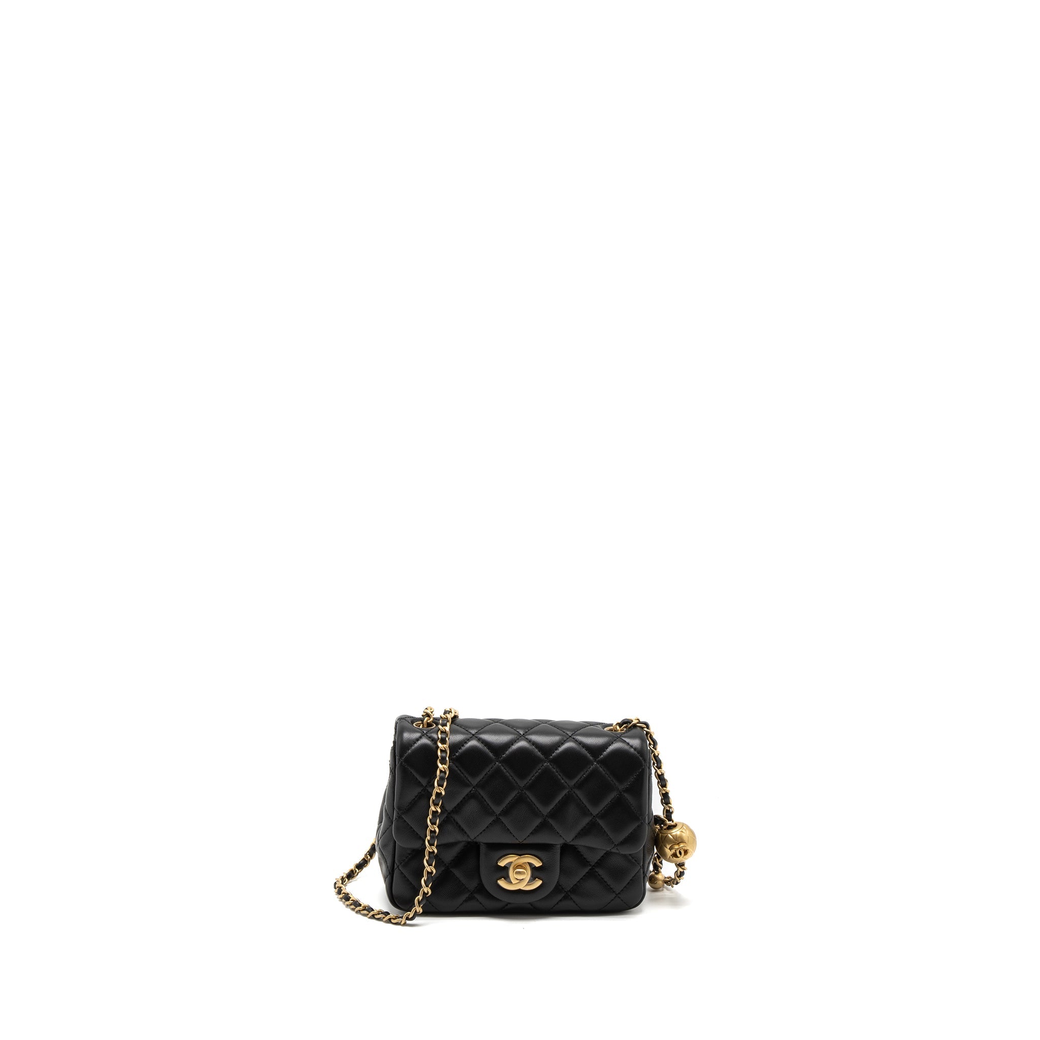 CHANEL PEARL CRUSH MINI SQUARE FLAP BAG LAMBSKIN BLACK BRUSHED GHW (MICROCHIP)