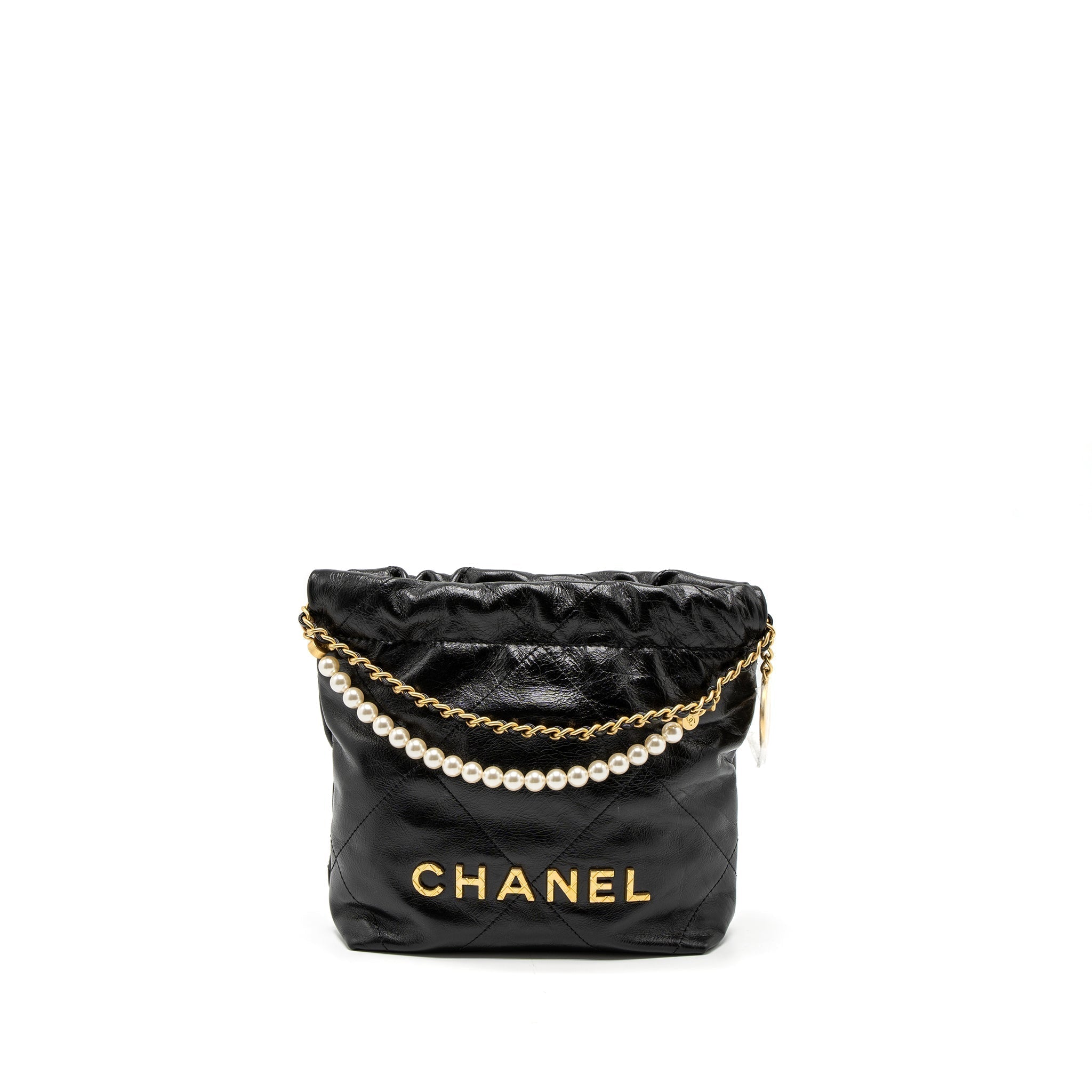 CHANEL 23S MINI 22 BAG WITH PEARL SHINY CALFSKIN BLACK BRUSHED GHW (MICROCHIP)