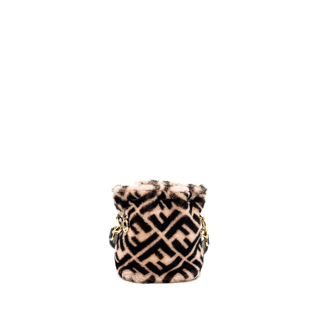 FENDI MON TRESOR BUCKET BAG SHEARLING ZUCCA PINK/BLACK GHW