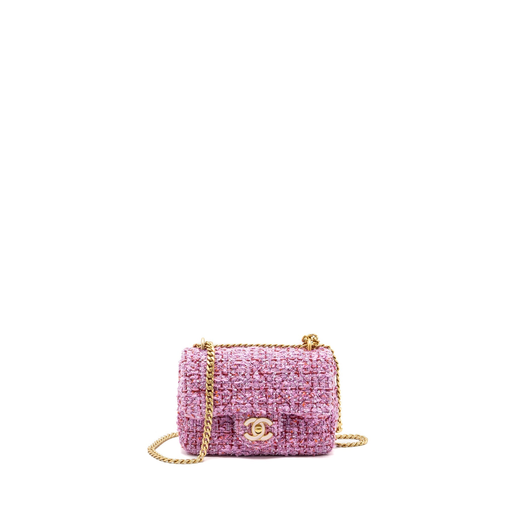 CHANEL 22P MINI SQUARE FLAP BAG TWEED PINK GHW (MICROCHIP)