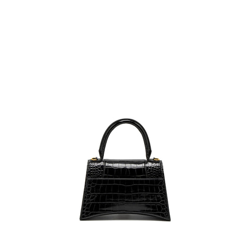 BALENCIAGA SMALL HOURGLASS BAG CROC-EMBOSSED CALFSKIN BLACK GHW
