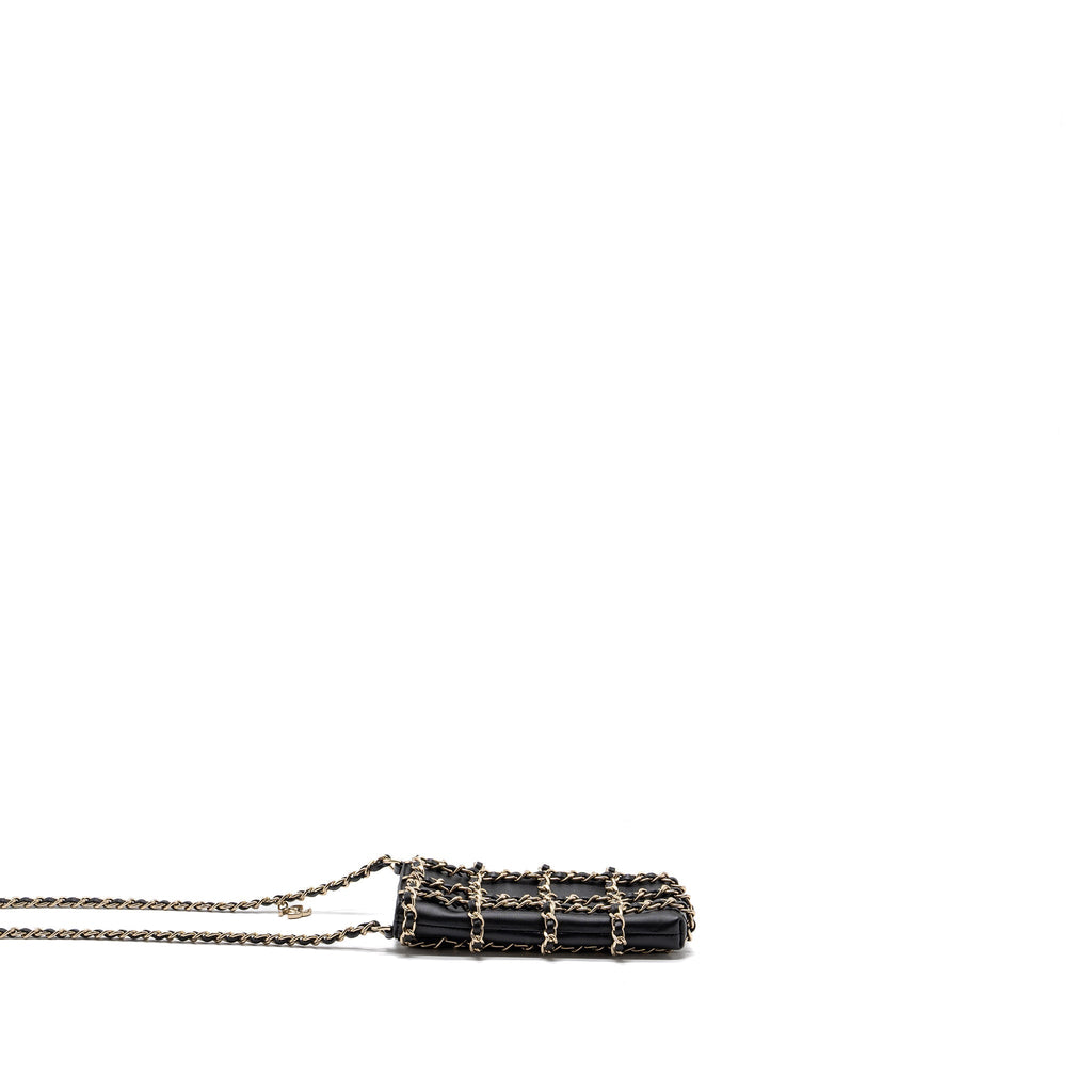 CHANEL GOLD CLUTCH O CHAIN PHONE HOLDER LAMBSKIN BLACK LGHW