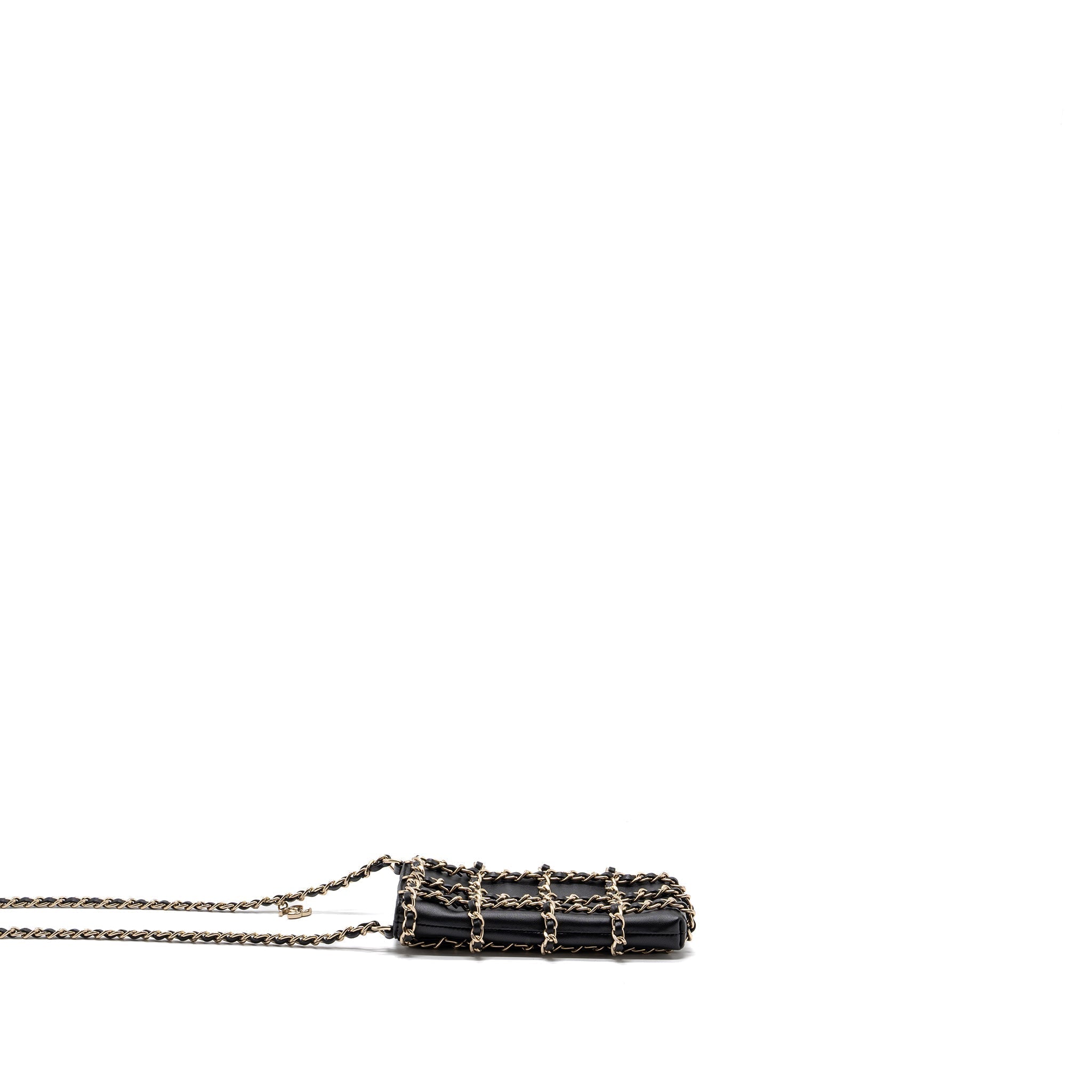 CHANEL GOLD CLUTCH O CHAIN PHONE HOLDER LAMBSKIN BLACK LGHW