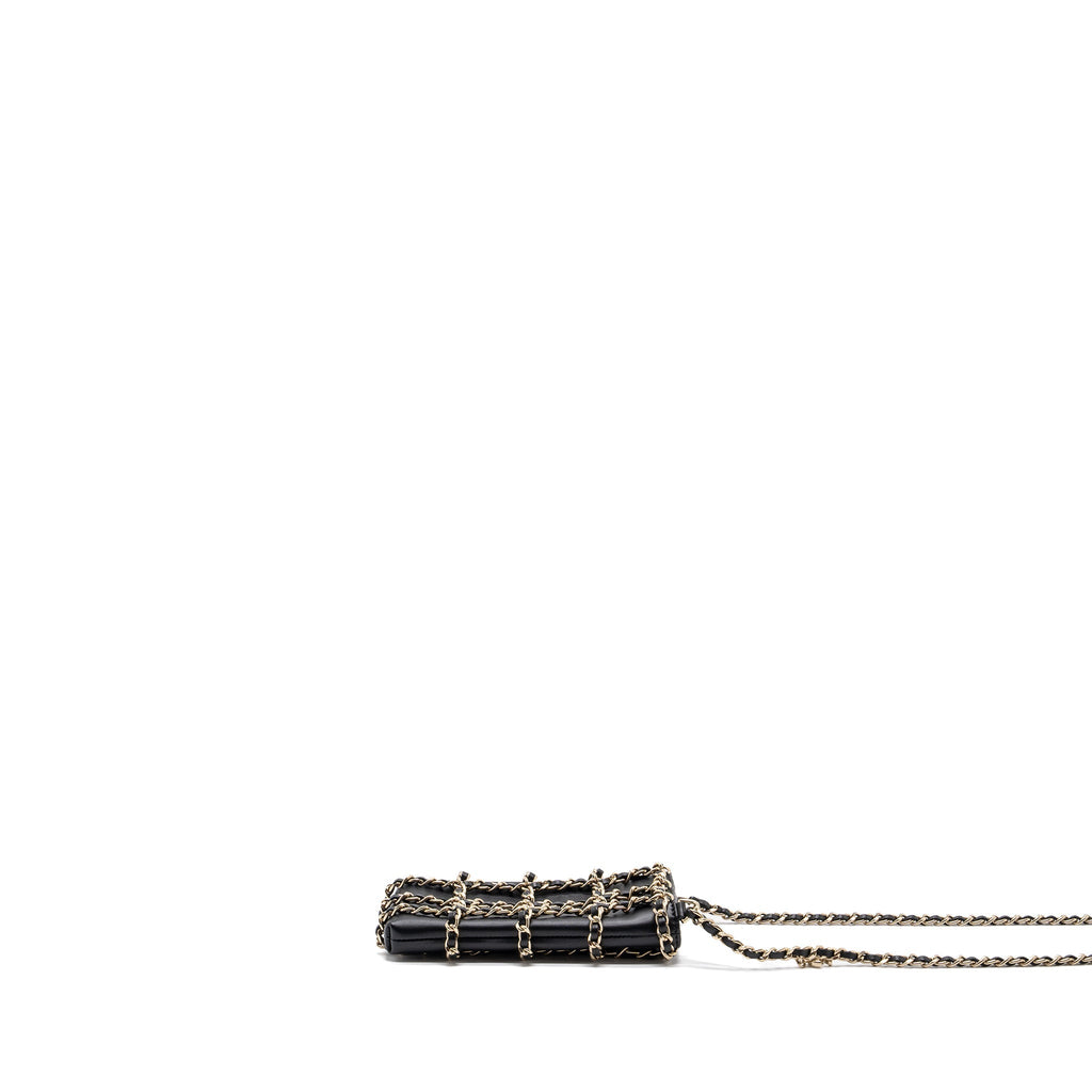 CHANEL GOLD CLUTCH O CHAIN PHONE HOLDER LAMBSKIN BLACK LGHW