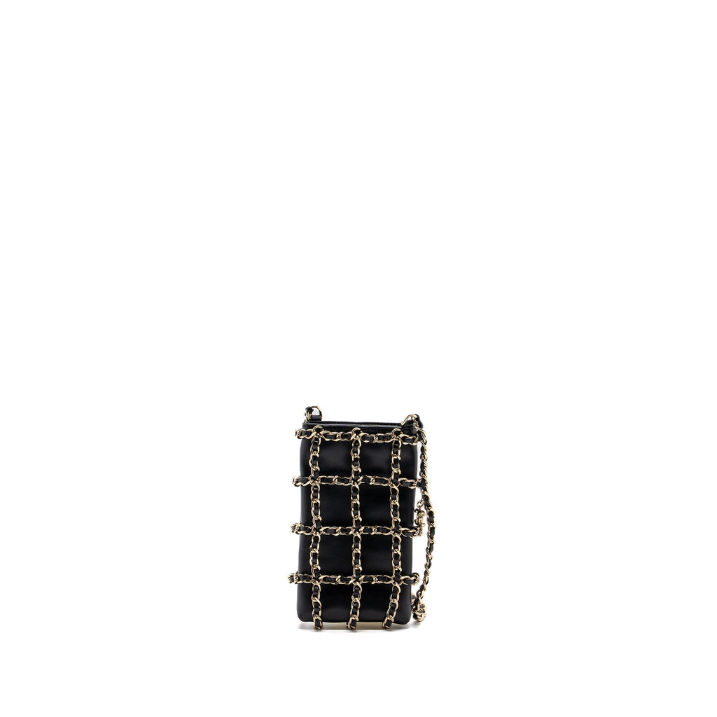 CHANEL GOLD CLUTCH O CHAIN PHONE HOLDER LAMBSKIN BLACK LGHW