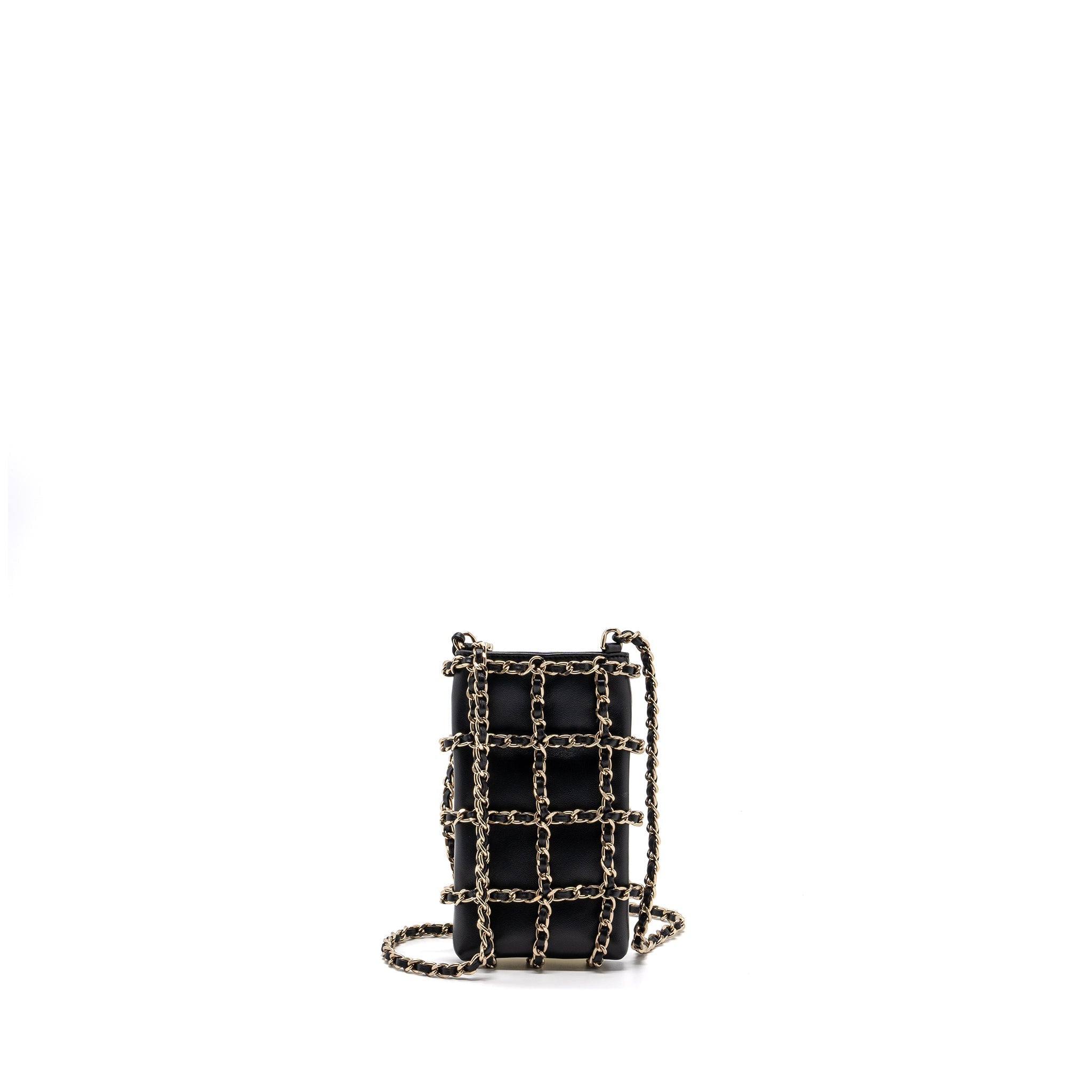 CHANEL GOLD CLUTCH O CHAIN PHONE HOLDER LAMBSKIN BLACK LGHW