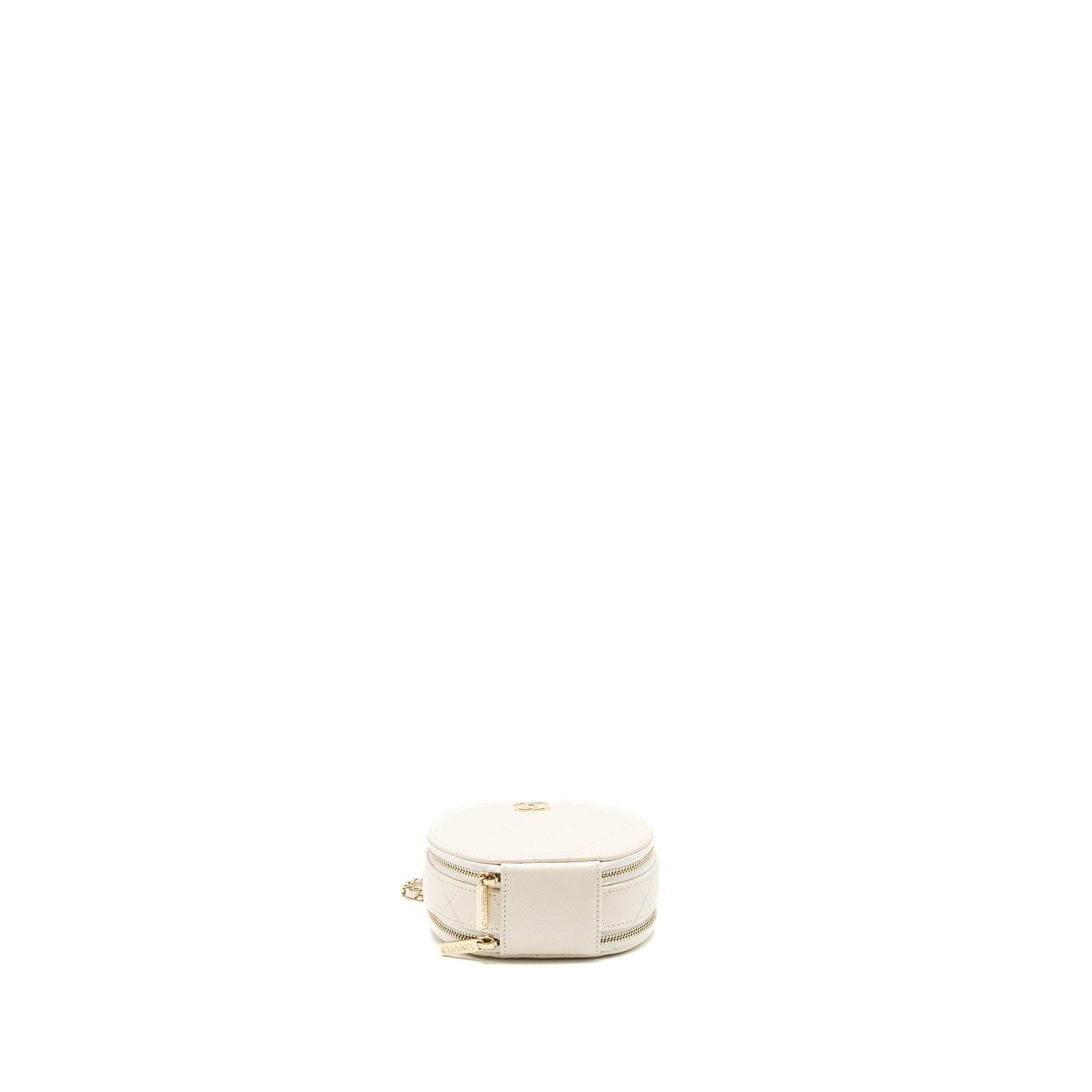 CHANEL TOP HANDLE MINI ROUND VANITY WITH CHAIN CAVIAR WHITE LGHW