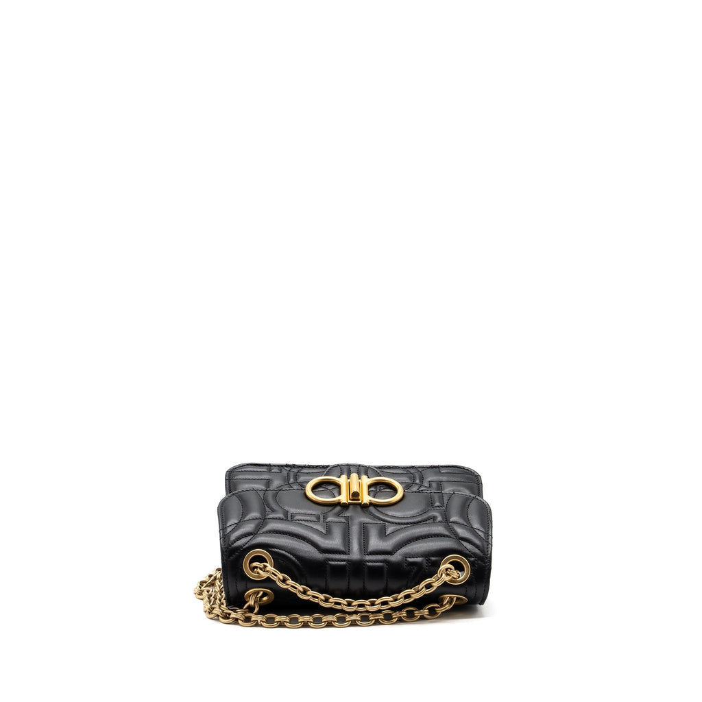SALVATORE FERRAGAMO GLANCING QUILTED LEATHER SHOULDER BAG CALFSKIN BLACK GHW