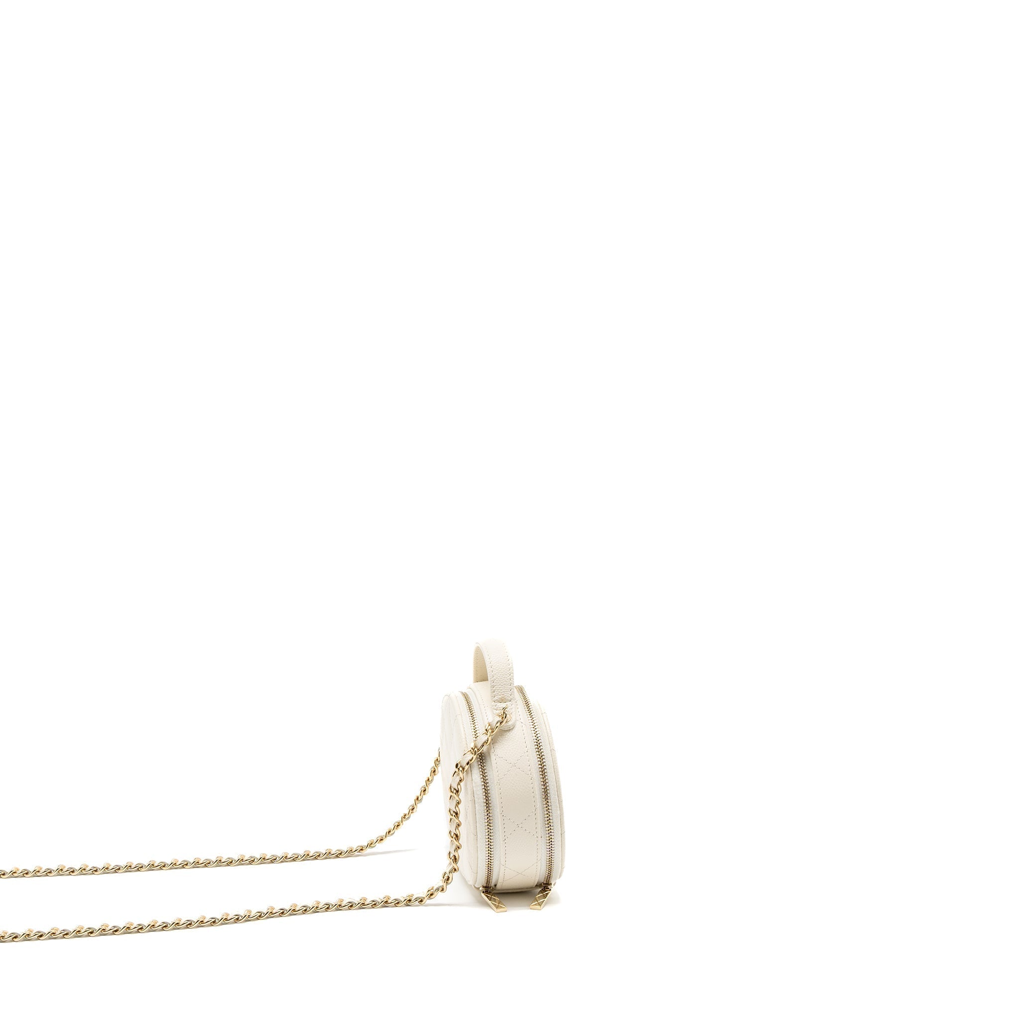 CHANEL TOP HANDLE MINI ROUND VANITY WITH CHAIN CAVIAR WHITE LGHW