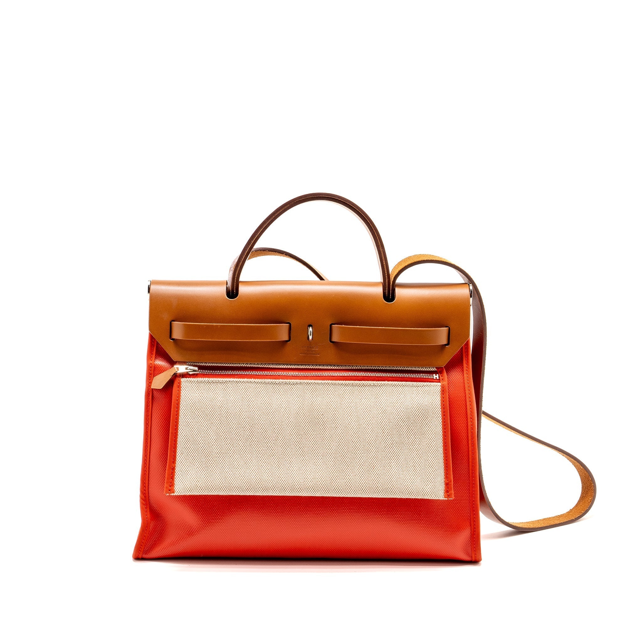 HERMES HERBAG 31 ZIP BAG TOILE H BERLINE CANVAS / HUNTER CAPUCINE-ECRU-BEIGE / FAUVE SHW
