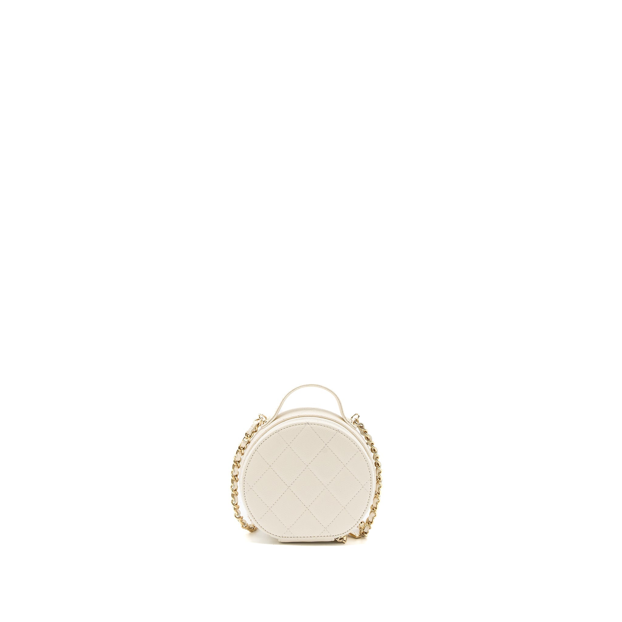 CHANEL TOP HANDLE MINI ROUND VANITY WITH CHAIN CAVIAR WHITE LGHW