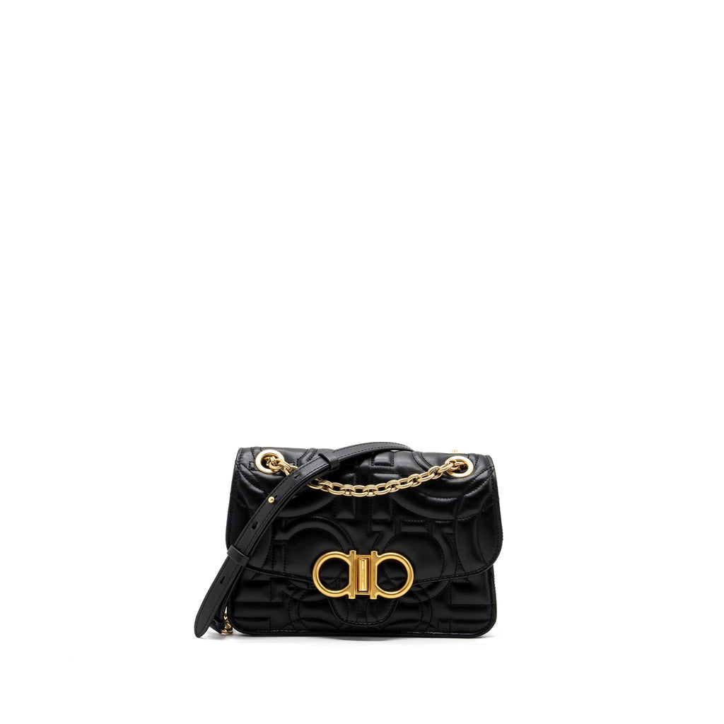 SALVATORE FERRAGAMO GLANCING QUILTED LEATHER SHOULDER BAG CALFSKIN BLACK GHW