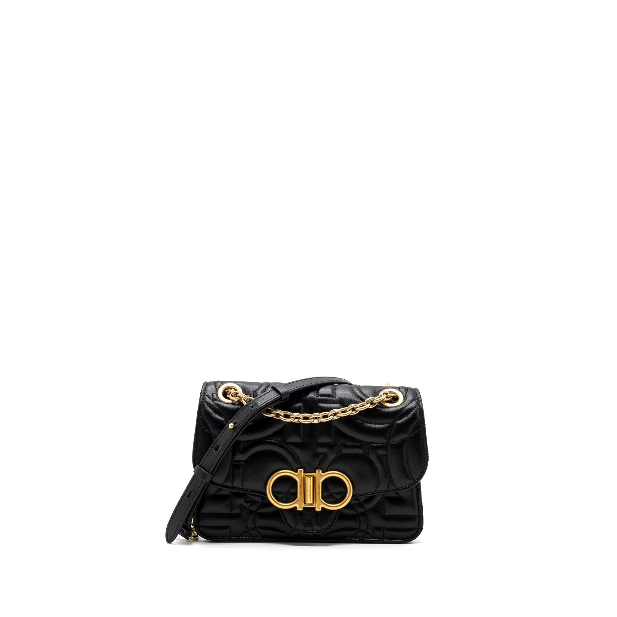 SALVATORE FERRAGAMO GLANCING QUILTED LEATHER SHOULDER BAG CALFSKIN BLACK GHW