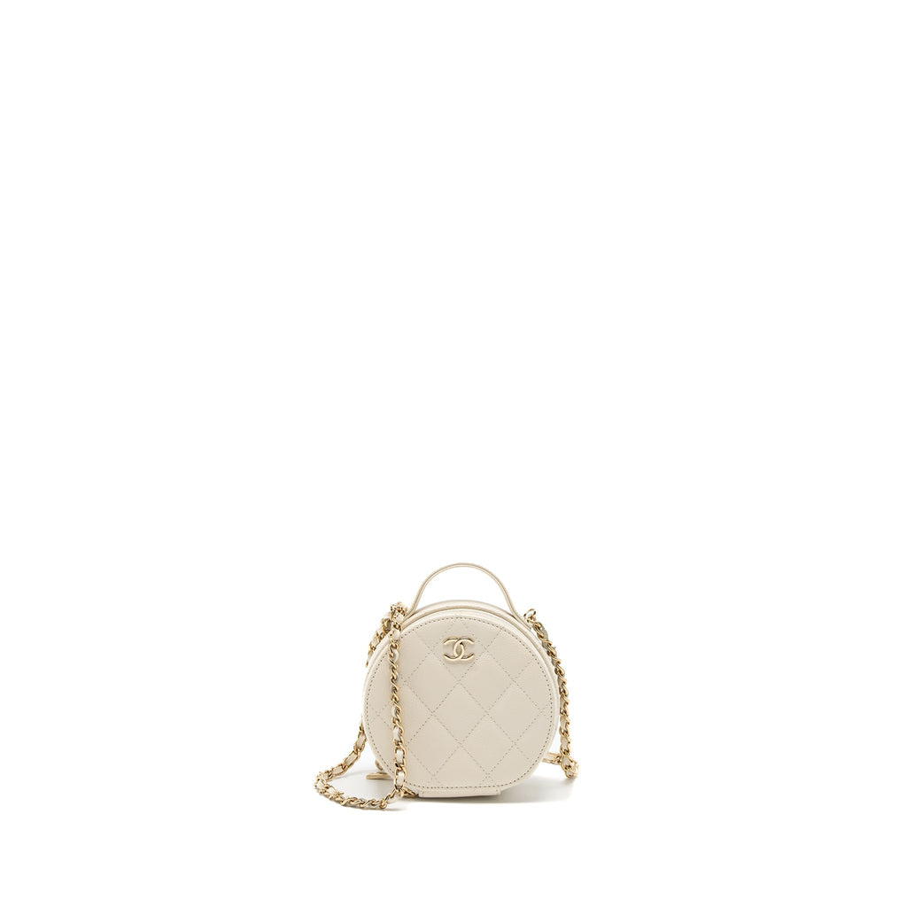CHANEL TOP HANDLE MINI ROUND VANITY WITH CHAIN CAVIAR WHITE LGHW