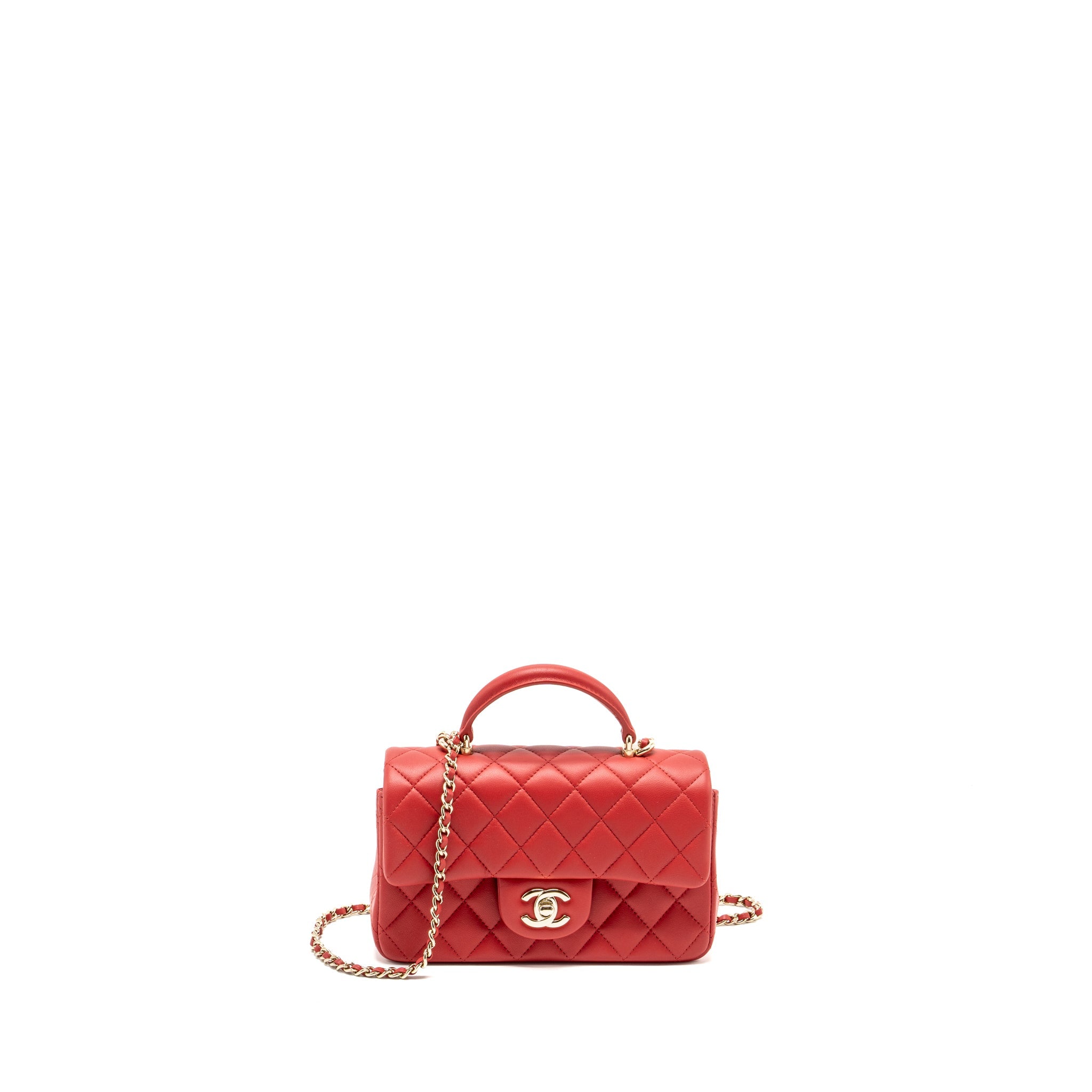 CHANEL TOP HANDLE MINI RECTANGULAR FLAP BAG LAMBSKIN RED LGHW (MICROCHIP)