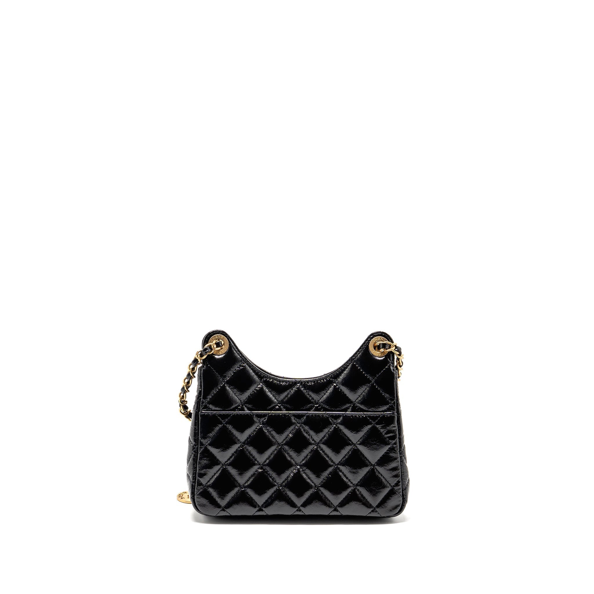 CHANEL 23C SMALL HOBO BAG SHINY CALFSKIN BLACK BRUSHED GHW (MICROCHIP)