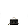 CHANEL DETAIL TOP HANDLE WALLET ON CHAIN LAMBSKIN BLACK BRUSHED GHW (MICROCHIP)