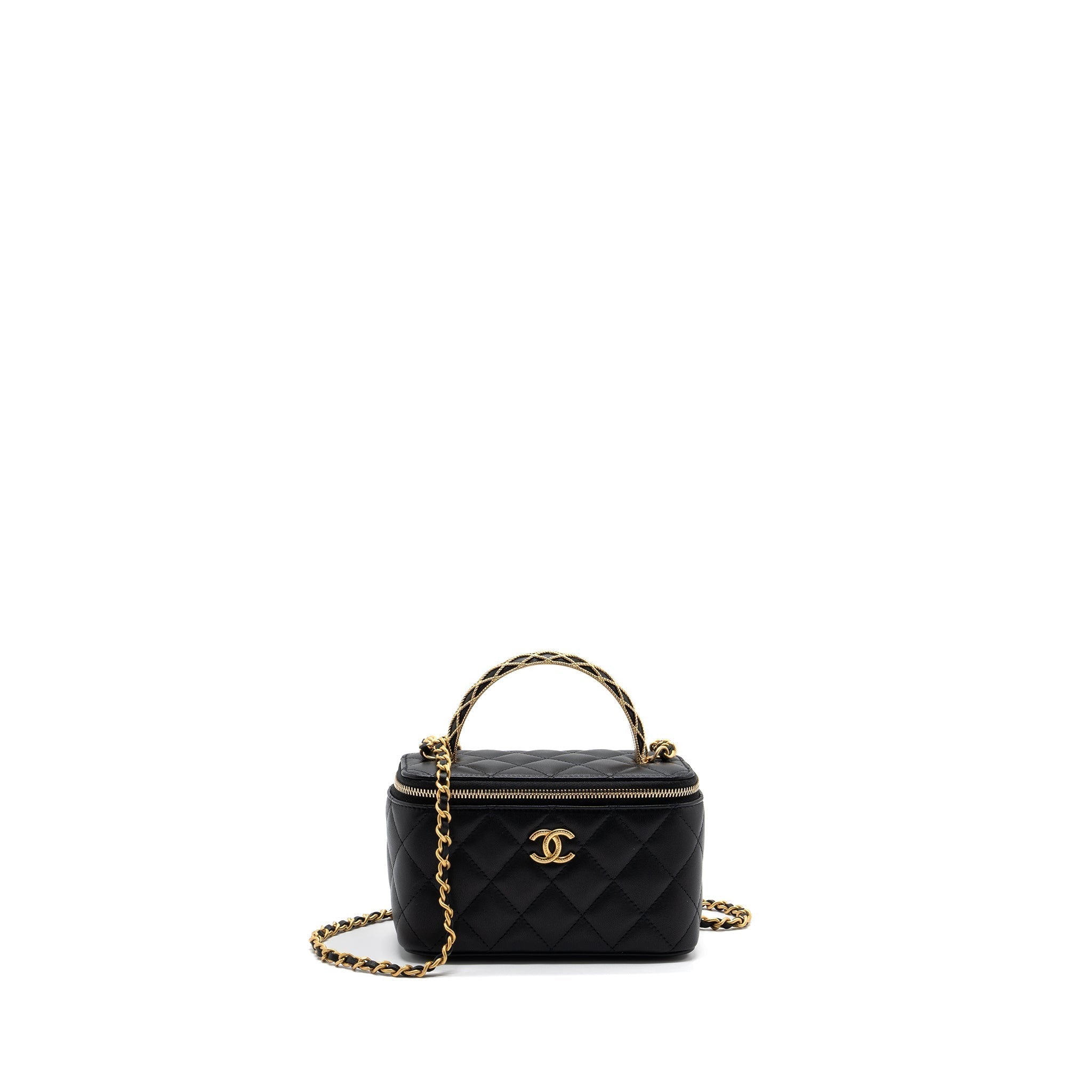 CHANEL DETAIL TOP HANDLE LONG VANITY WITH CHAINS LAMBSKIN BLACK GHW(MICROCHIP)