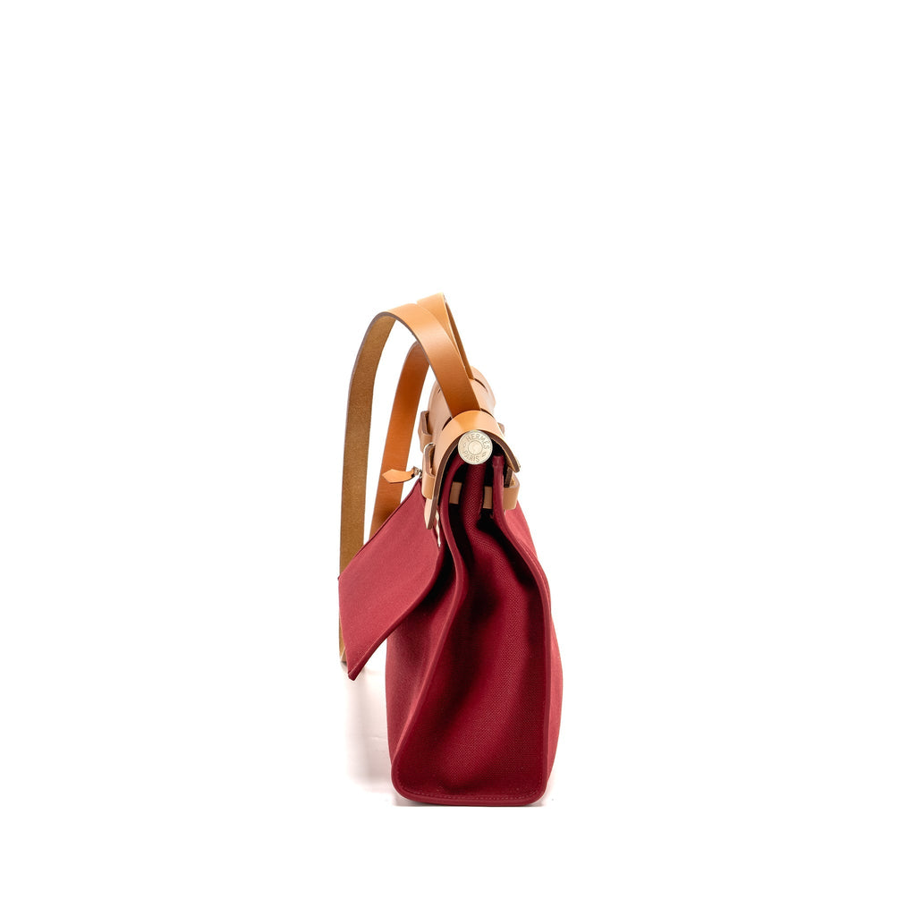 HERMES HERBAG 31 ZIP BAG CANVAS/HUNTER LEATHER RED SHW