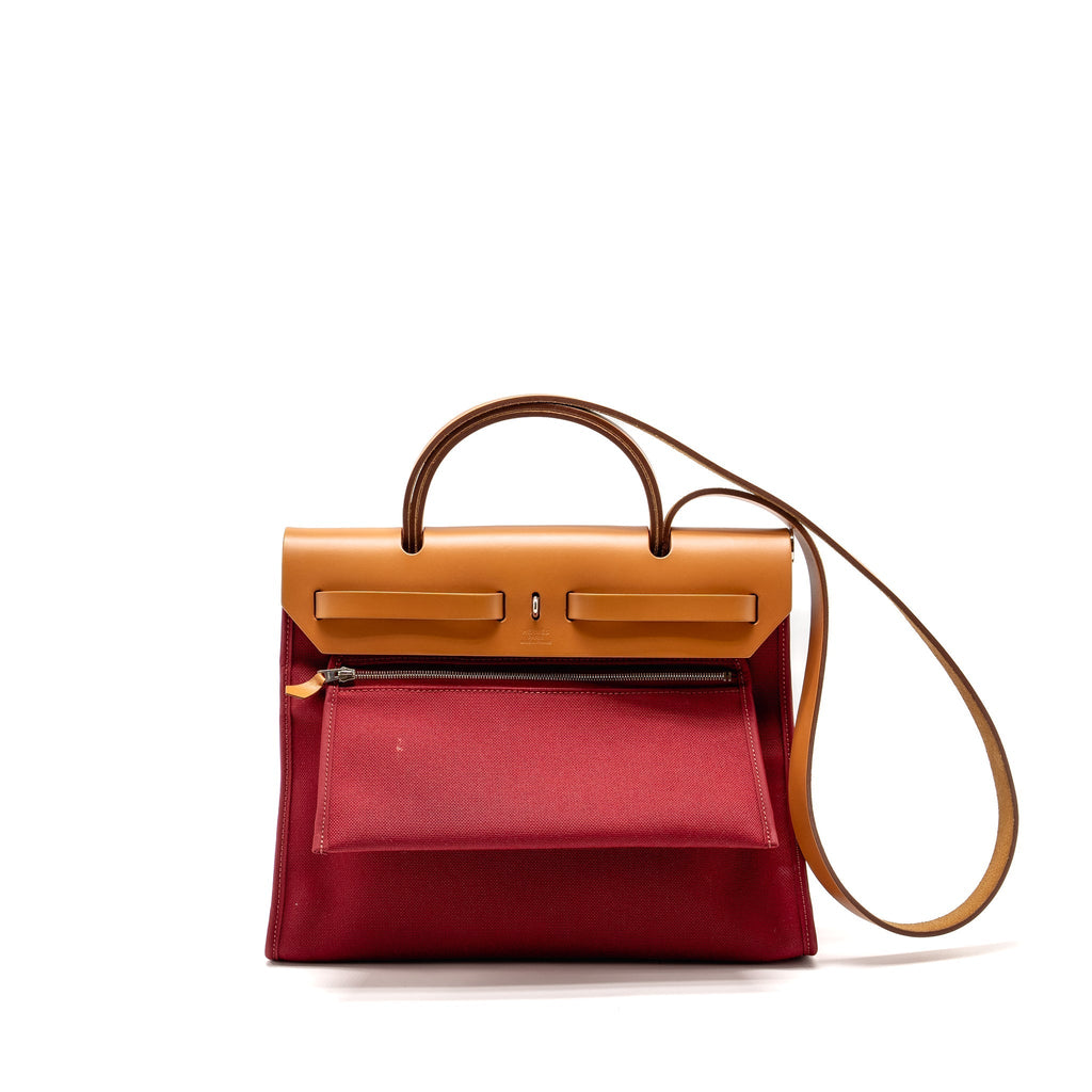 HERMES HERBAG 31 ZIP BAG CANVAS/HUNTER LEATHER RED SHW