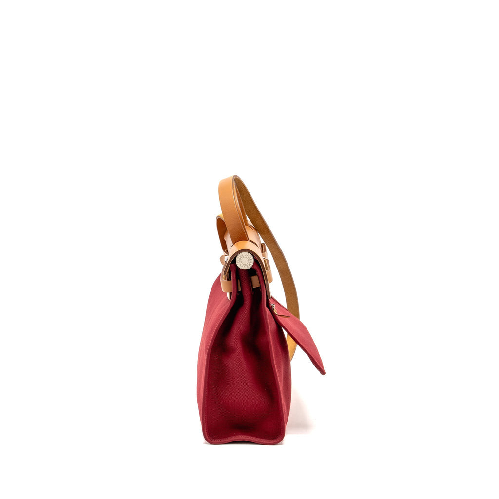HERMES HERBAG 31 ZIP BAG CANVAS/HUNTER LEATHER RED SHW