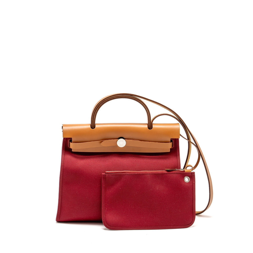 HERMES HERBAG 31 ZIP BAG CANVAS/HUNTER LEATHER RED SHW