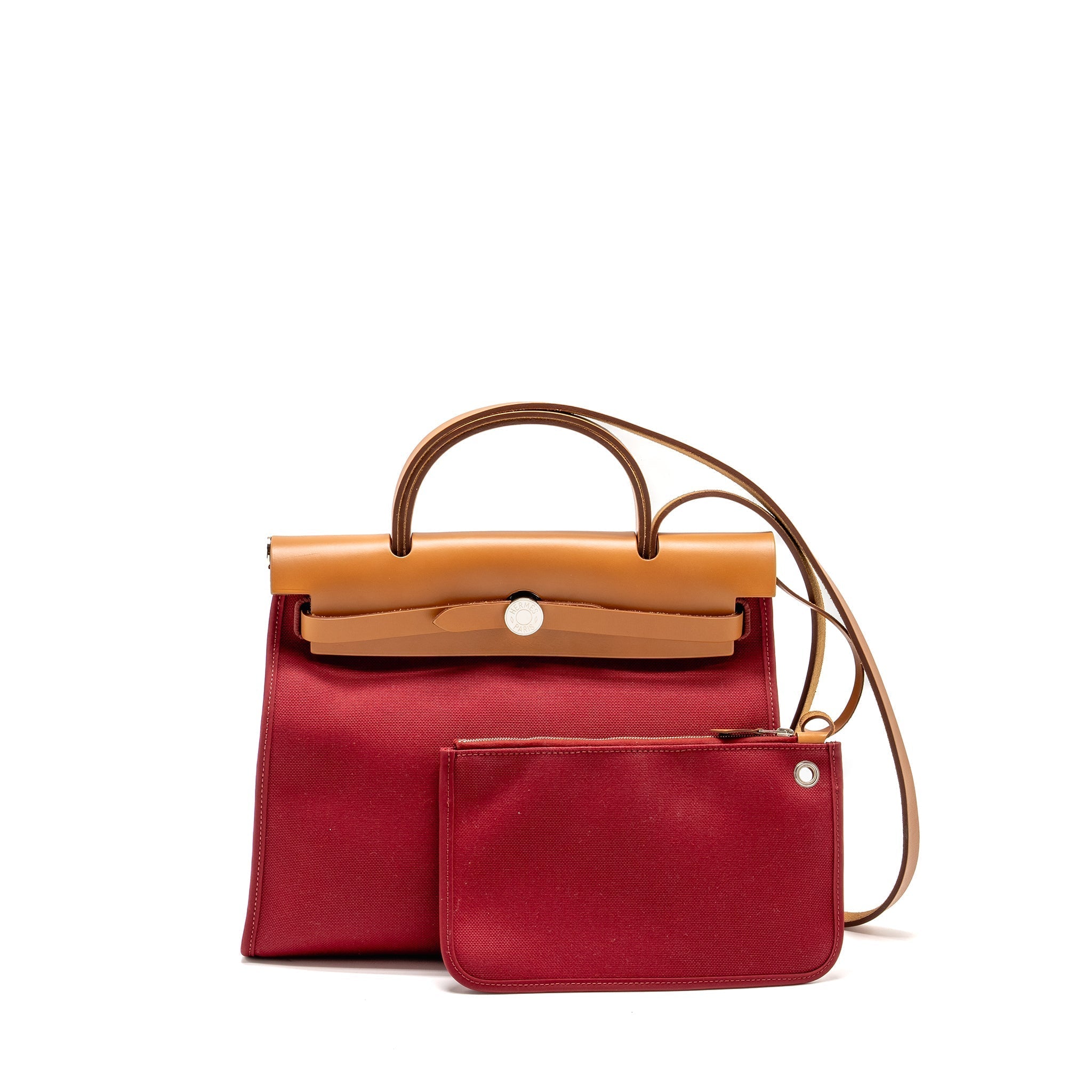HERMES HERBAG 31 ZIP BAG CANVAS/HUNTER LEATHER RED SHW