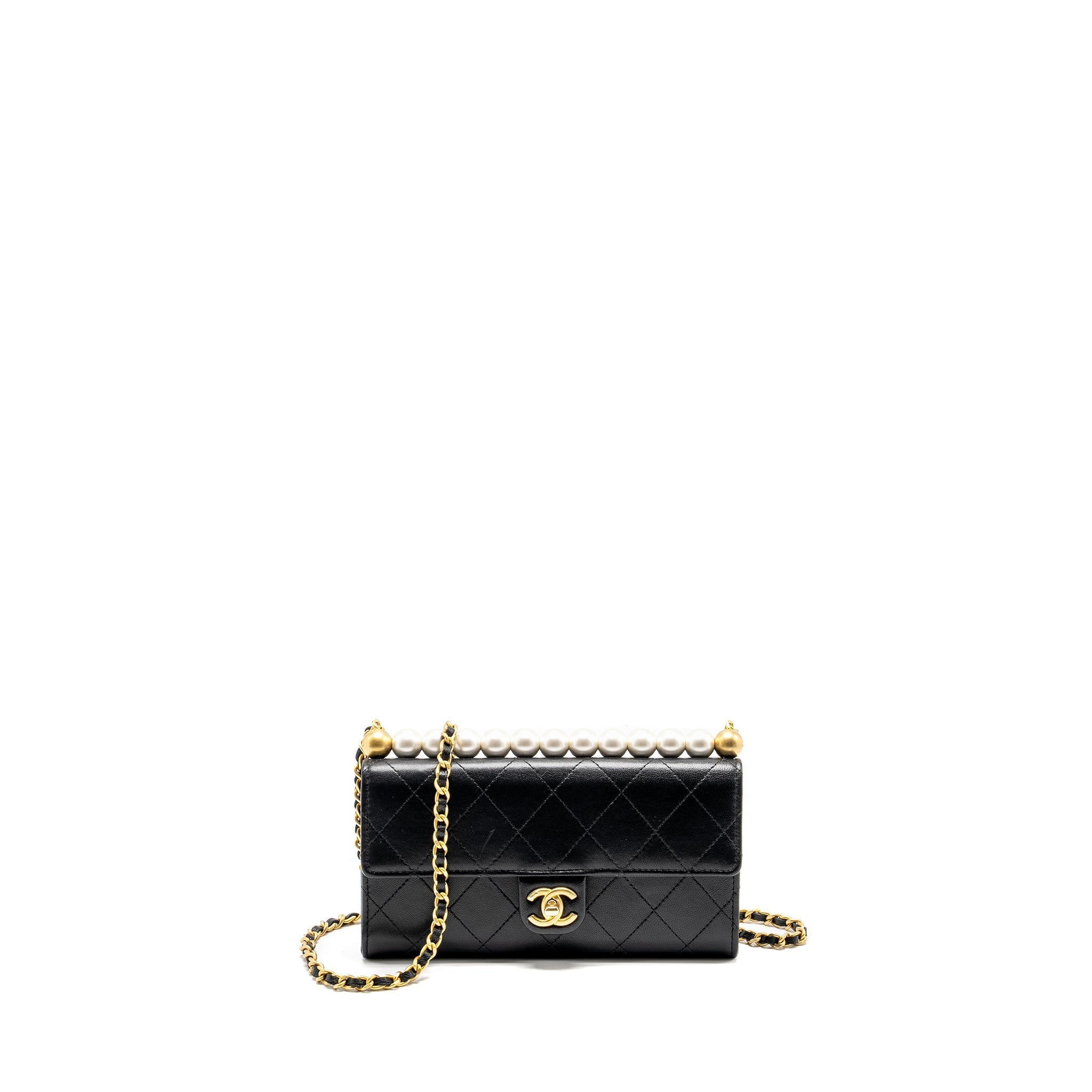 CHANEL QUILTED PEARL LONG WALLET ON CHAIN GOATSKIN BLACK GHW