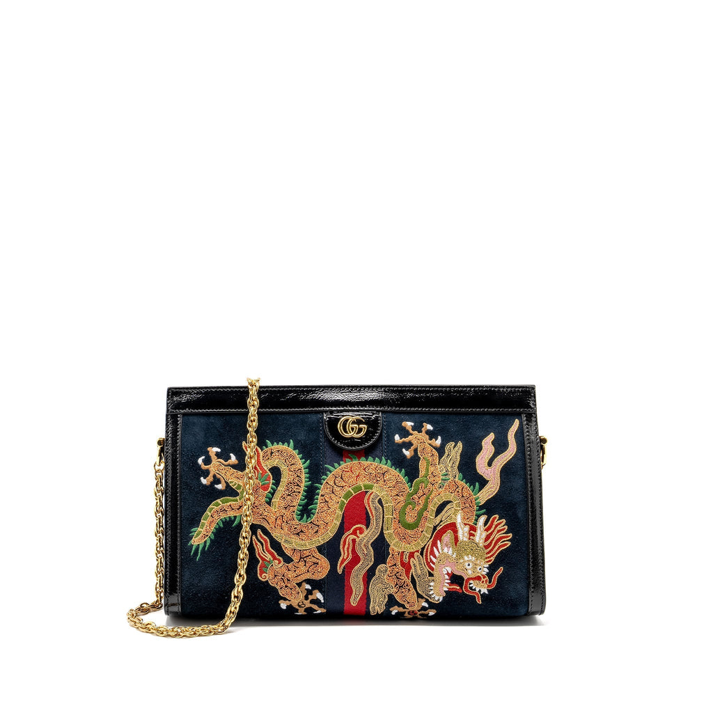 GUCCI OPHIDIA CHAIN BAG DRAGON EMBROIDERED SUEDE BLUE/BLACK/MULTICOLOUR GHW