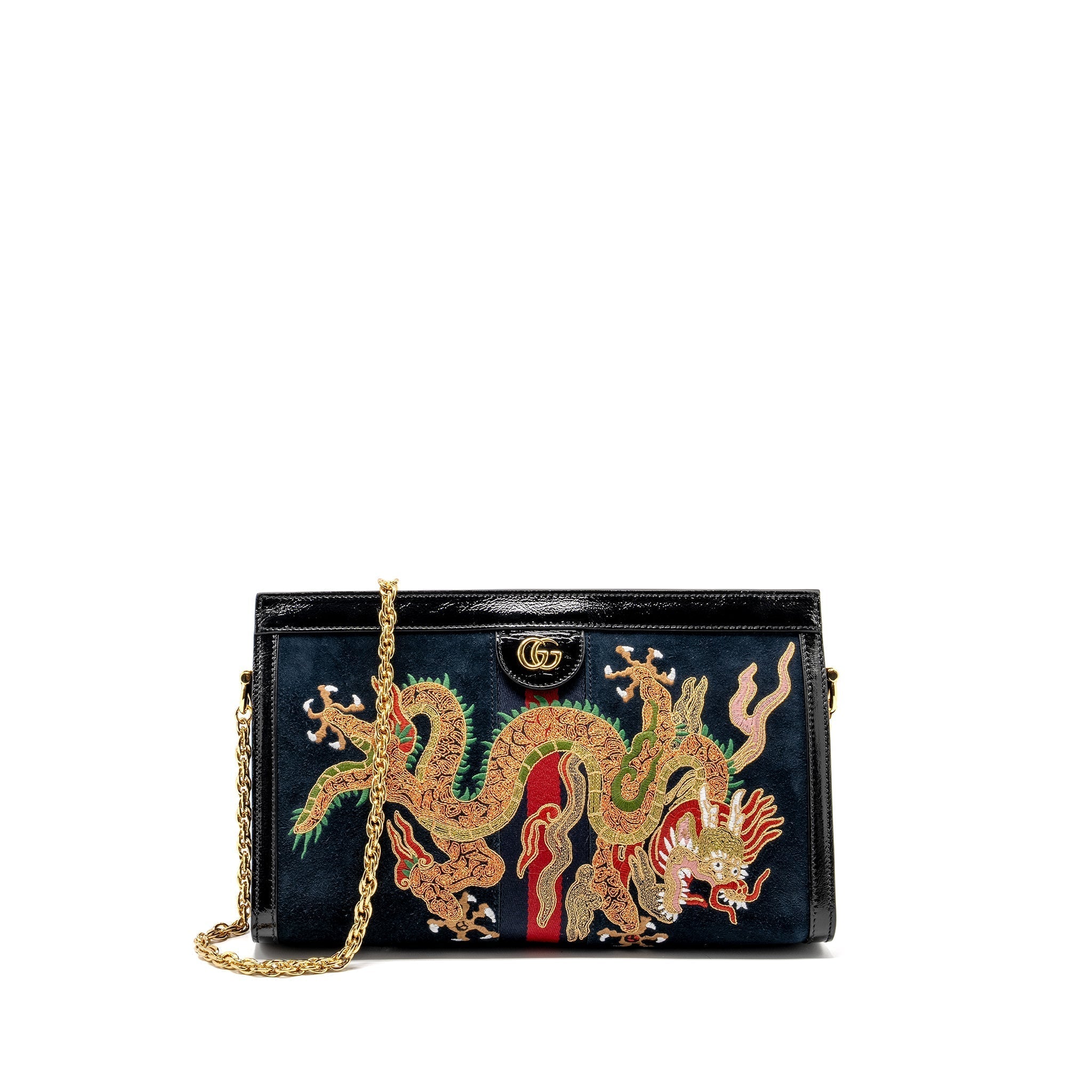 GUCCI OPHIDIA CHAIN BAG DRAGON EMBROIDERED SUEDE BLUE/BLACK/MULTICOLOUR GHW
