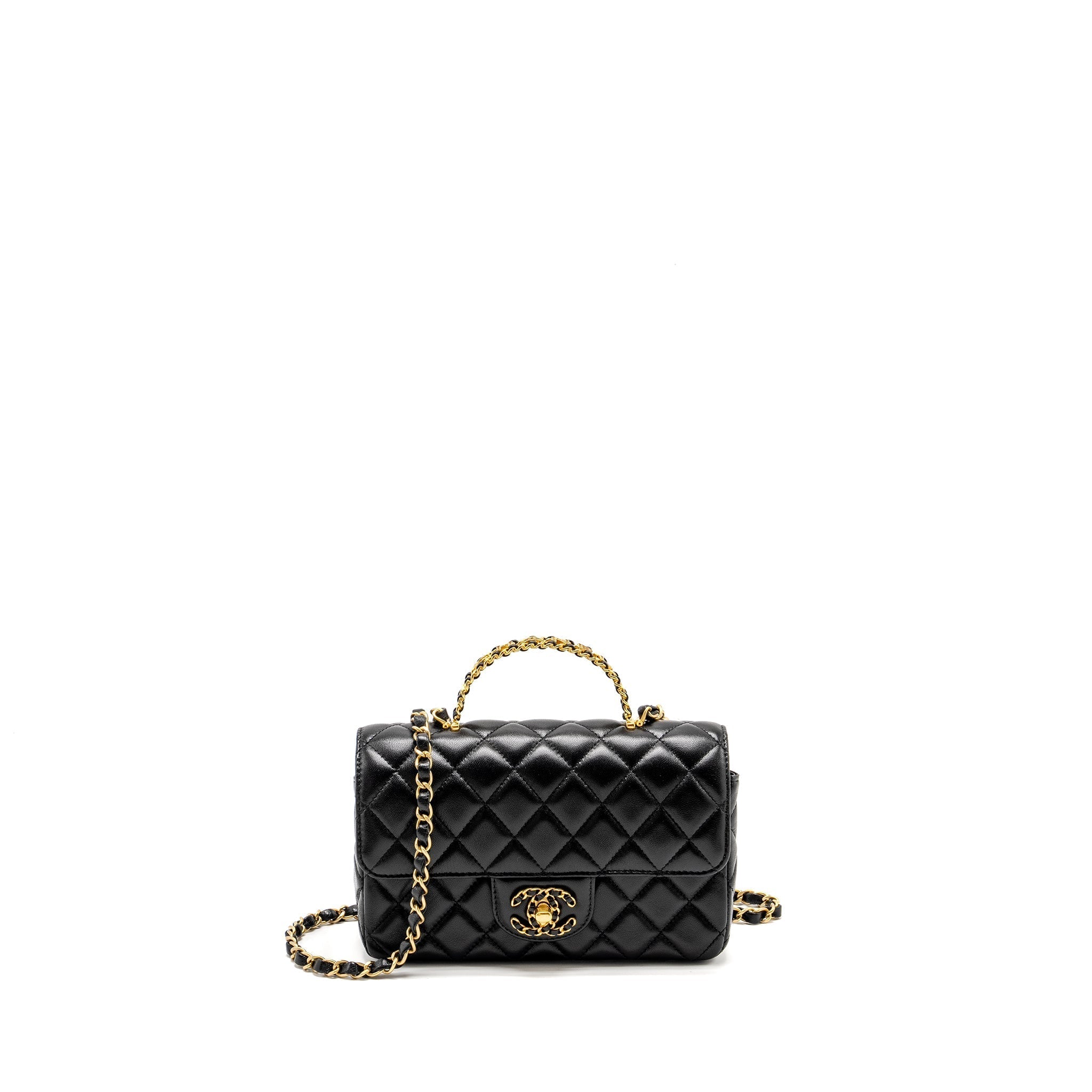 CHANEL DETAILED TOP HANDLE FLAP BAG LAMBSKIN BLACK GHW (MICROCHIP)