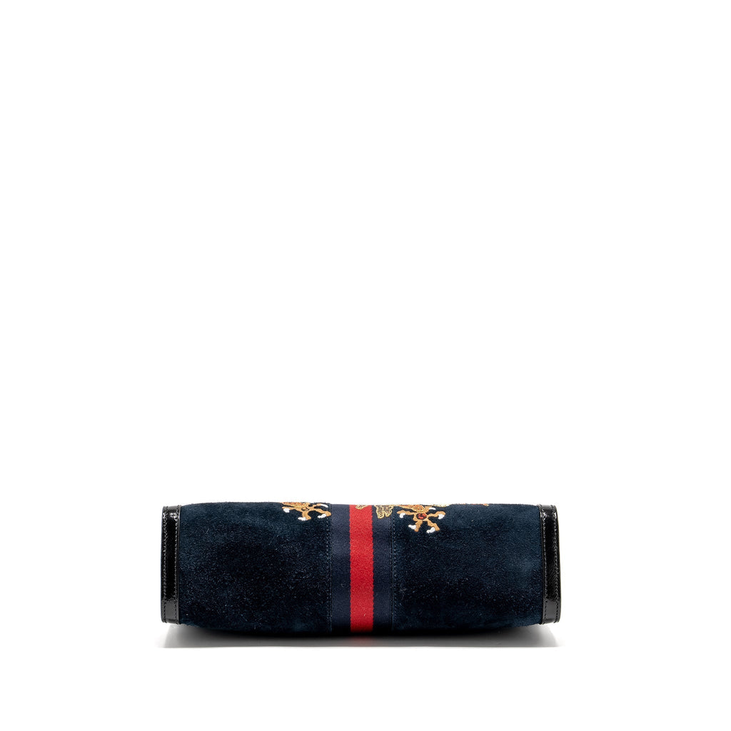 GUCCI OPHIDIA CHAIN BAG DRAGON EMBROIDERED SUEDE BLUE/BLACK/MULTICOLOUR GHW