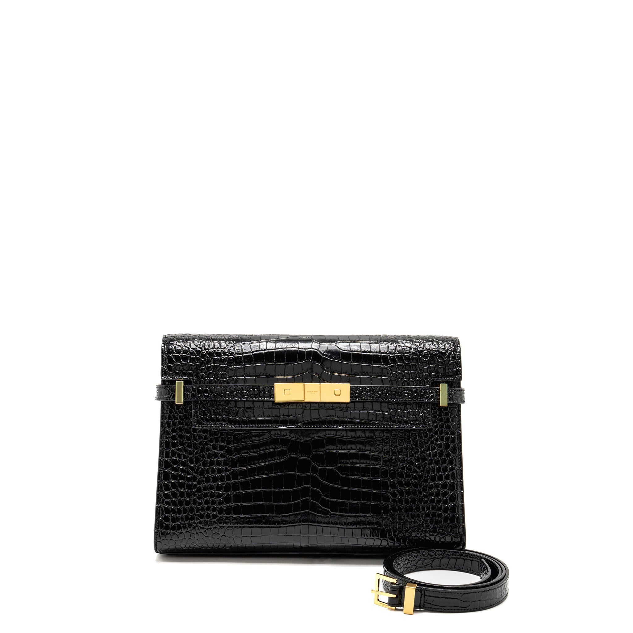 SAINT LAURENT MEDIUM MANHATTAN BAG CROC EMBOSSED CALFSKIN BLACK GHW