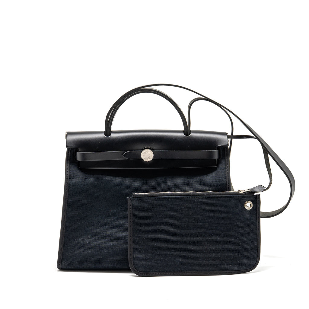 HERMES HERBAG 31 ZIP BAG CANVAS / HUNTER LEATHER BLACK SHW