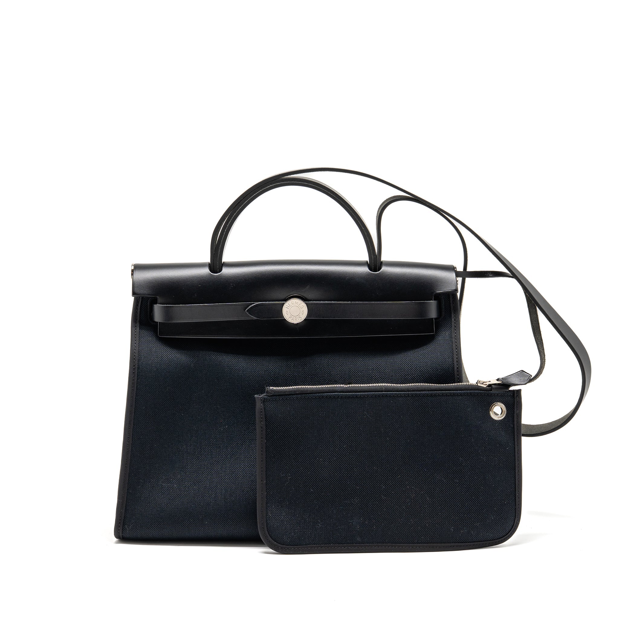 HERMES HERBAG 31 ZIP BAG CANVAS / HUNTER LEATHER BLACK SHW