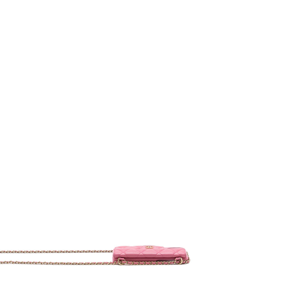 CHANEL 21P PEARL CRUSH PHONE CASE WITH CHAIN FOR IPHONE 12 LAMBSKIN PINK LGHW