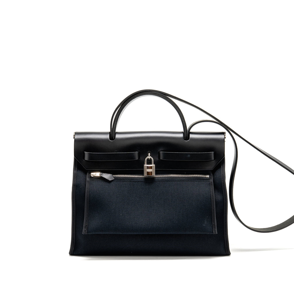 HERMES HERBAG 31 ZIP BAG CANVAS / HUNTER LEATHER BLACK SHW