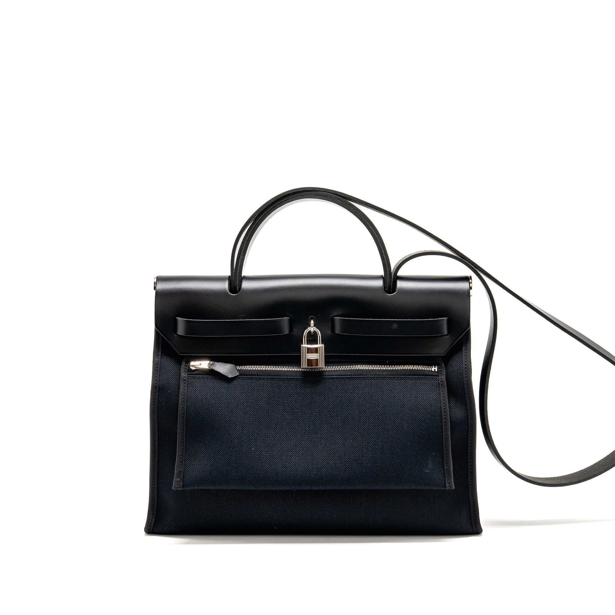 HERMES HERBAG 31 ZIP BAG CANVAS / HUNTER LEATHER BLACK SHW